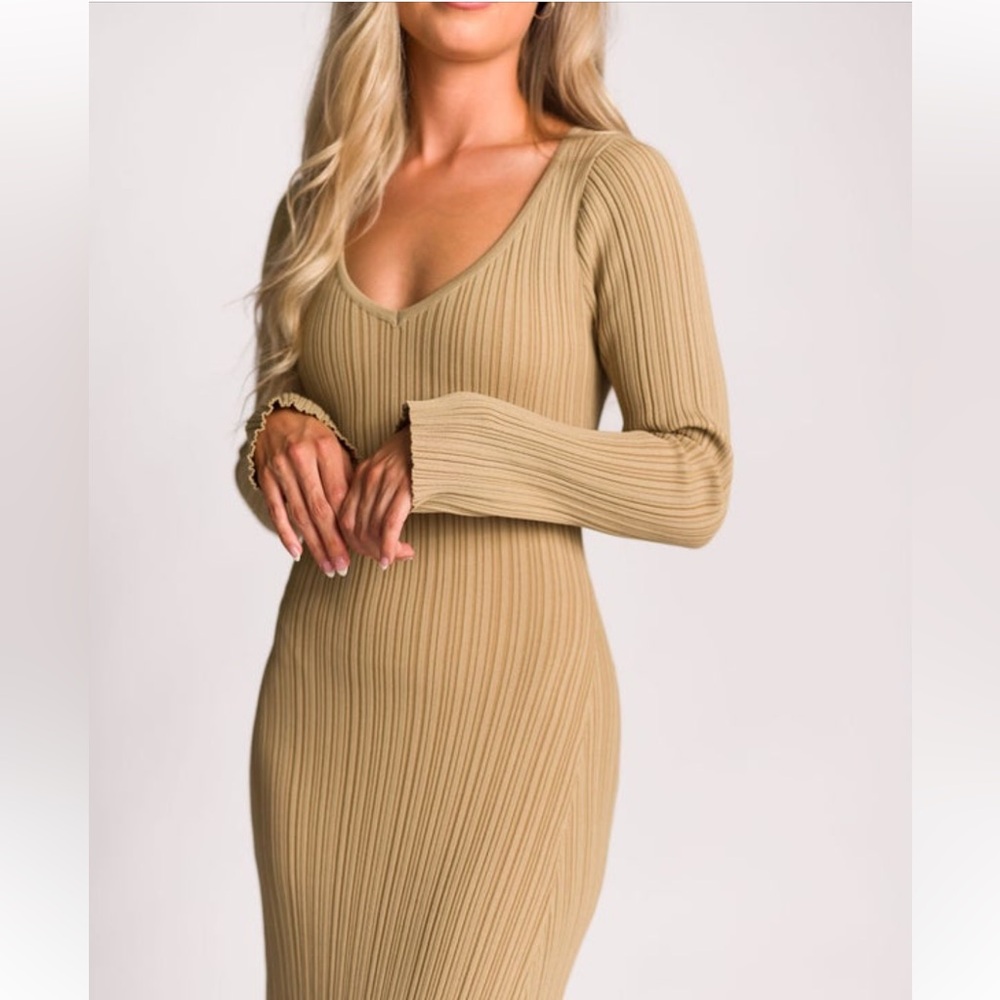 Elegant Tan Ribbed Knit Dress